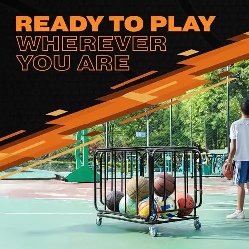 Gaiola organizadora de metal para esportes e entretenimento com rodas, compartimento de armazenamento de basquete eficaz e suporte para carrinho de bola