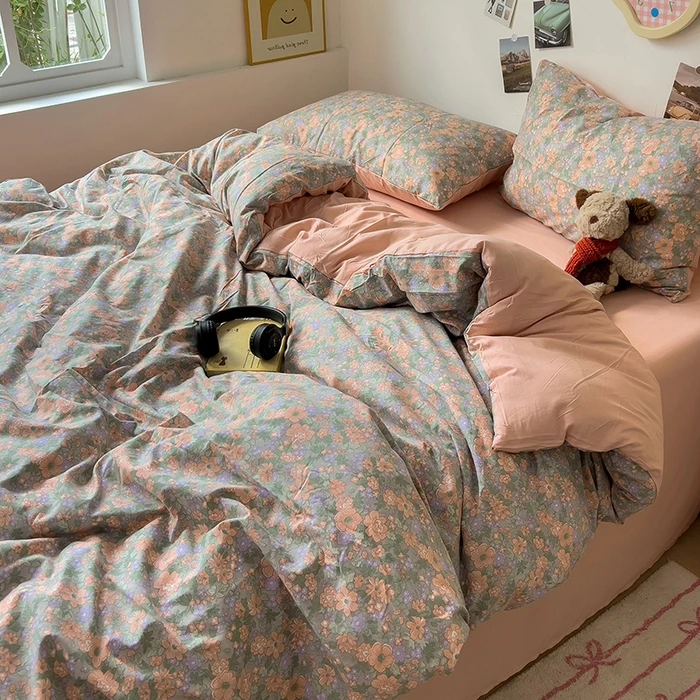 Korean Retro Floral Bedding Set 100% Washed Cotton Bed Sheets Set Soft Duvet Cover Bed Linen Pillowcase Single Double Queen King image 3