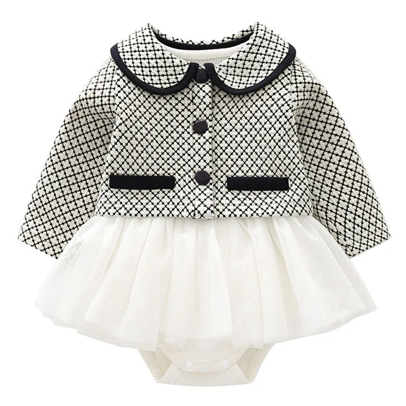 

Комплекты из 2 предметов, весенне-осенняя одежда для маленьких девочек, корейская мода, клетчатое пальто с длинными рукавами и кукольным воротником + боди, товары для новорожденных B040