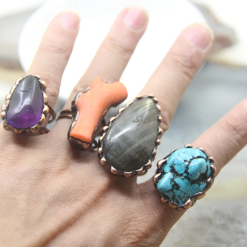 Antique Copper Bezel Coral Rings Raw Labradorite Amethysts Turquoises Band Retro Punk Adjustable Finger Jewelry Fashion Gifts