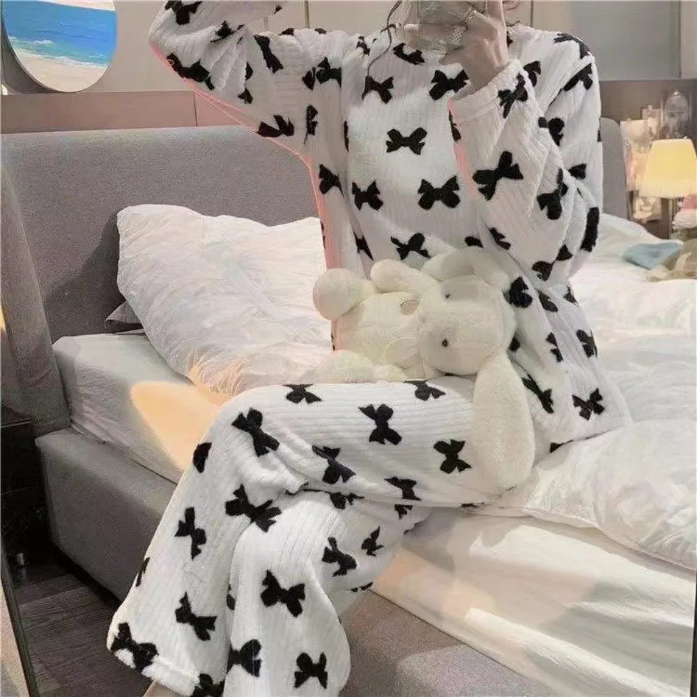 Comfortable Thickened Coral Velvet Pajamas Bow Two-Piece Women's Pajamas Long-Sleeved Easy to Clean Homewear Suit Women