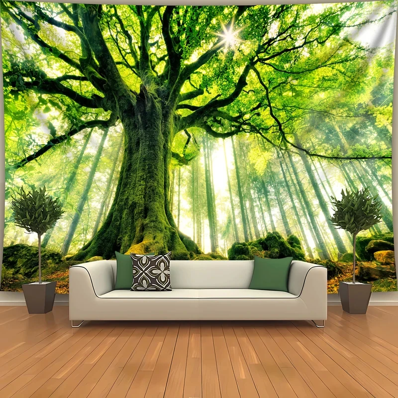 VIKAMA Wandteppich mit altem Baumwald, grünes Sonnenlicht, Naturlandschaft, Wandbehang, ästhetische Dekoration für Schlafzimmer und Wohnzimmer