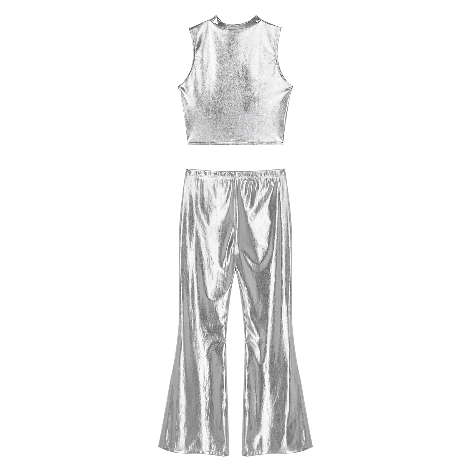 Shiny Women Metallic 70s 80s Disco Dance Outfits Party Sleeveless Slim Vest Bell-bottom Flared Pants Set for Stage Performance