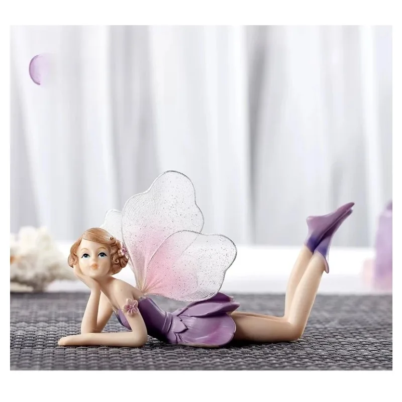 Figurine de fée miniature en résine, belle fée fille avec des ailes, ornements d'ange violets, artisanat artistique, décoration de la maison