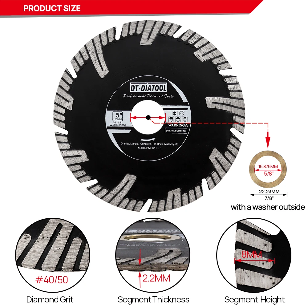 DT-DIATOOL 5pcs 125mm Diamond Turbo Saw Blade Cutting Disc Granite Marble Porcelain Ceramic Tile Angle Grinder Circular Dry/Wet