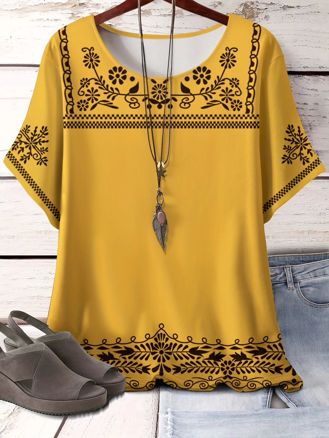 Ethnic Style T-Shirts Vintage Floral 3D Print Women's V-Neck Short Sleeve T Shirt Y2k Harajuku Tees Casual Tops Female Clothing