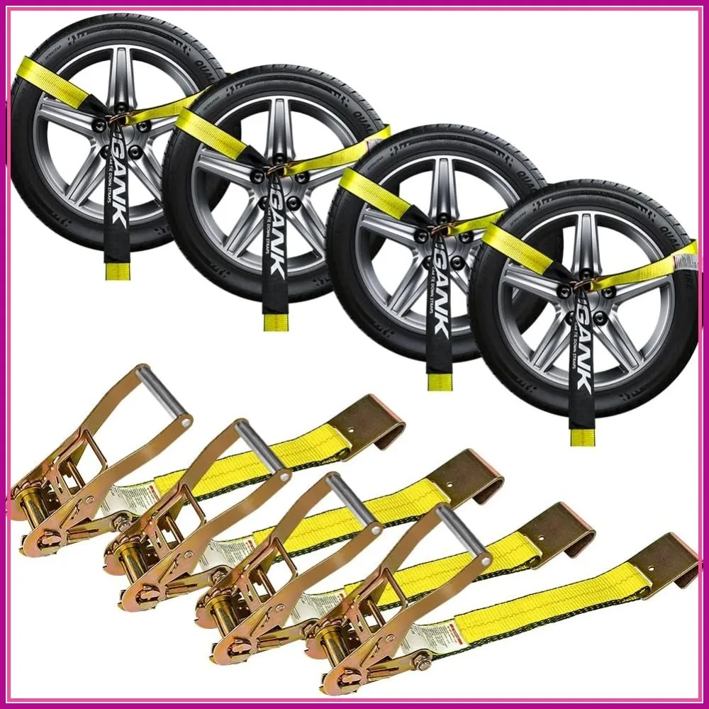 

Car Tie Down Straps for Trailers (4PK) Flat Hooks Lasso Style 2'' X 96'' Secure Tire Tie-Downs for Cars SUVs Jeeps