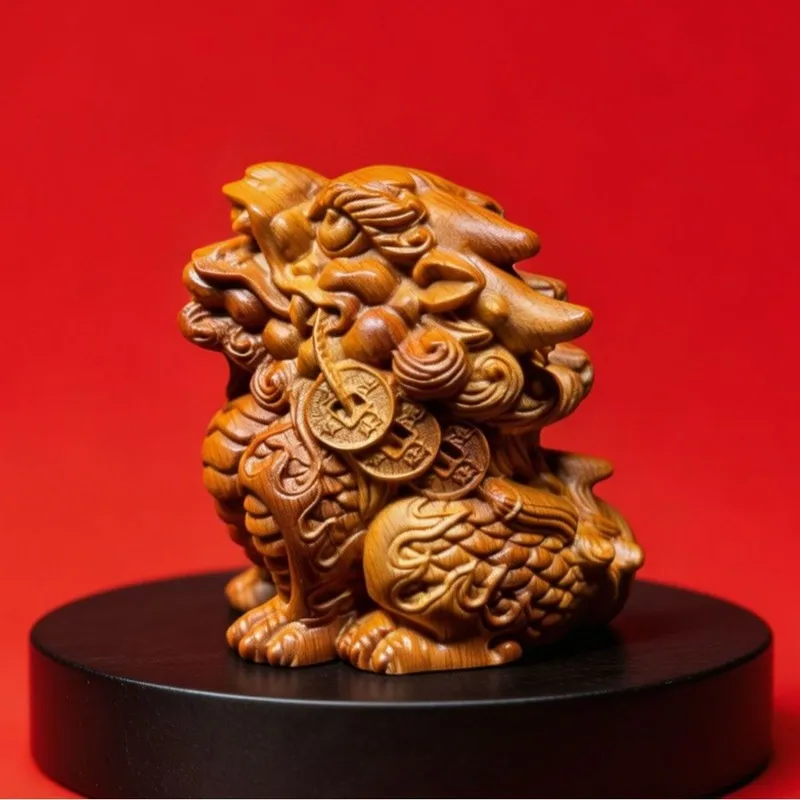 Aged Thuja Wood Pixiu Carving, Hand Carved Wooden Pixiu Figurine, Feng Shui Hand Piece, Desktop Ornament, Lucky Wealth Gift