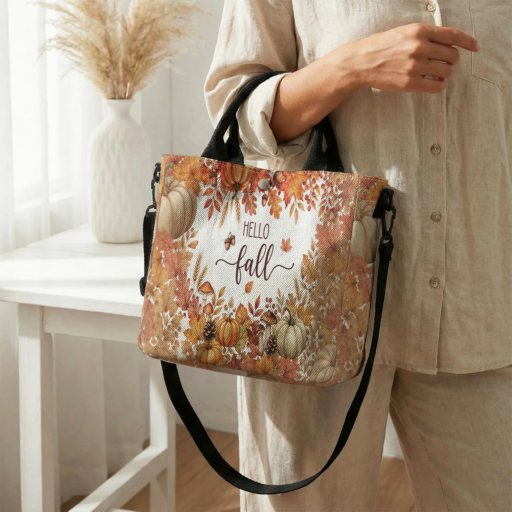 Pumpkin Maple Fall Wreath Print Tote Bag Large Capacity Shoulder Bag For Shopping Travel Daily Use