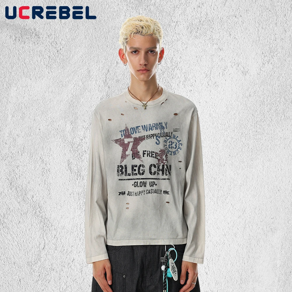Five-pointed Star Print T-shirt Mens Autumn Hip Hop Ripped Loose Long Sleeve Cotton Tee Man