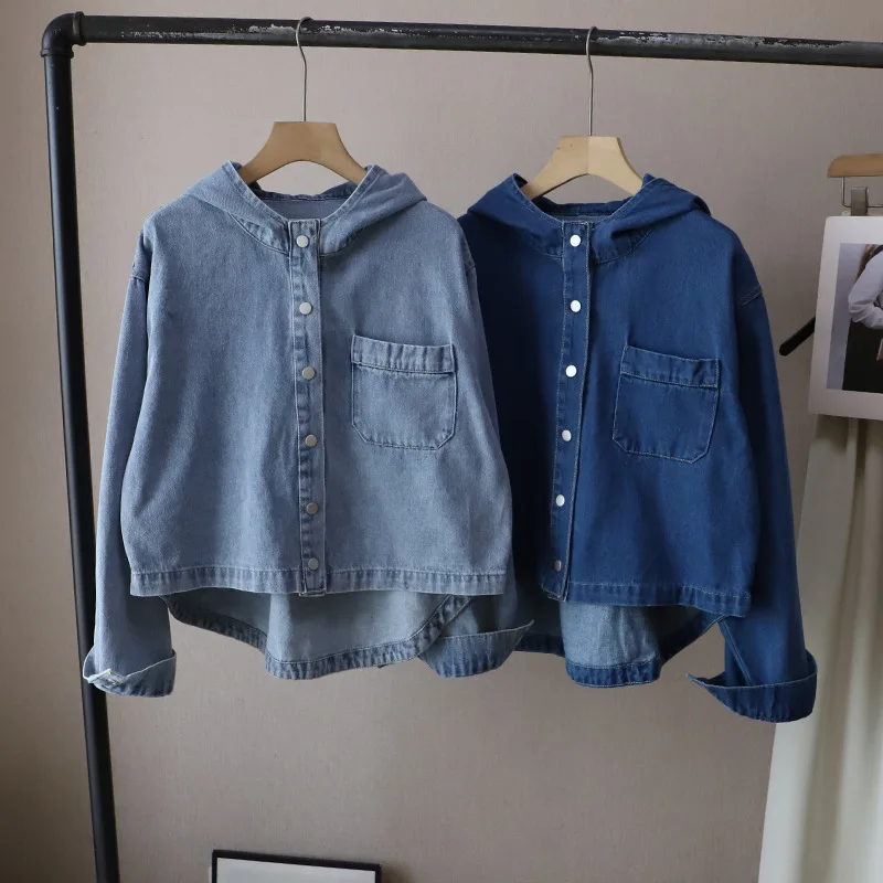 

Женская короткая джинсовая куртка, весна-осень, повседневная свободная посадка с капюшоном спереди, короткая задняя часть, длинный топ, стильное пальто с капюшоном, верхняя одежда