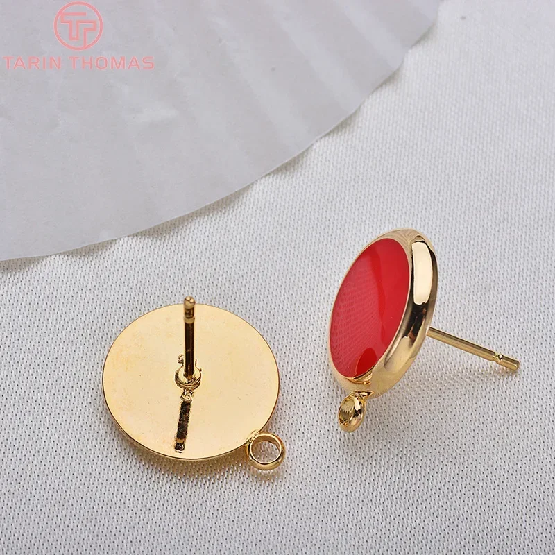 (2240)6PCS 11x14MM 24K Gold Color Plated Brass Red Oil Round Stud Earrings High Quality DIY Jewelry Making Findings