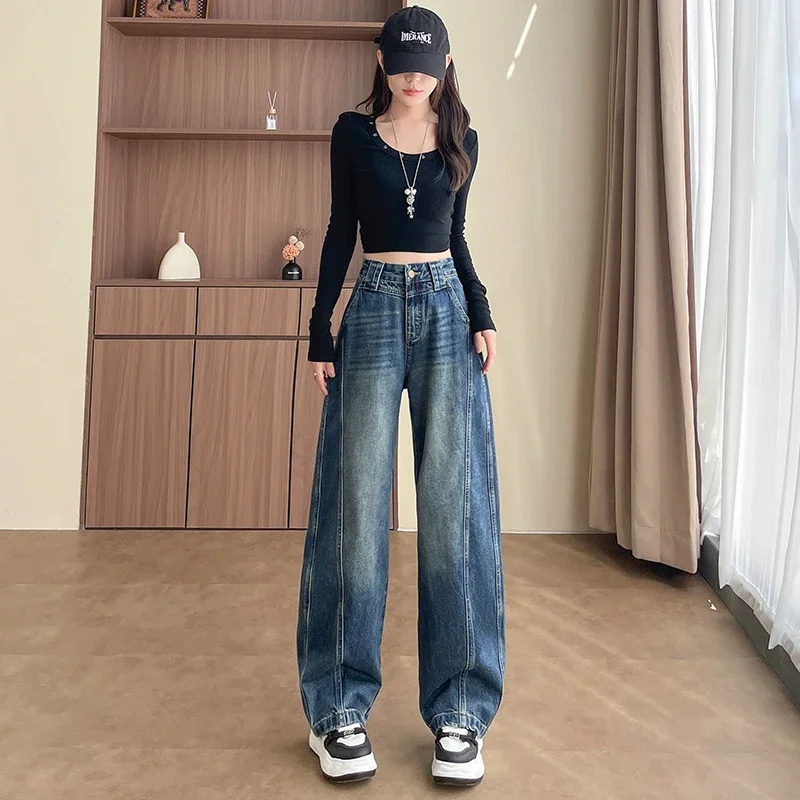 ارتفاع الخصر فضفاض واسعة الساق الجينز النساء Y2K القطن تصميم شخصي عادية مستقيم الدنيم موضة أنبوب فضفاض زائد بنطلون