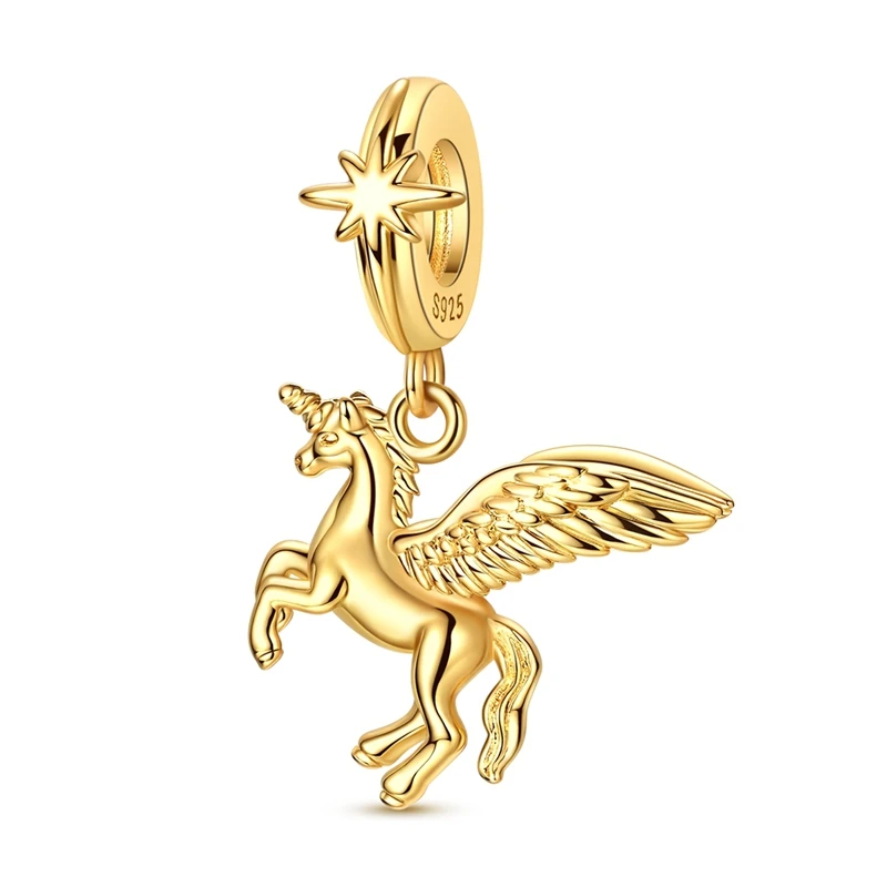 Gold Plated Winged Unicorn Dangle Charm Fit Original 925 Charms Bracelet Beads Magical Dreams Jewelry Gifts for Women
