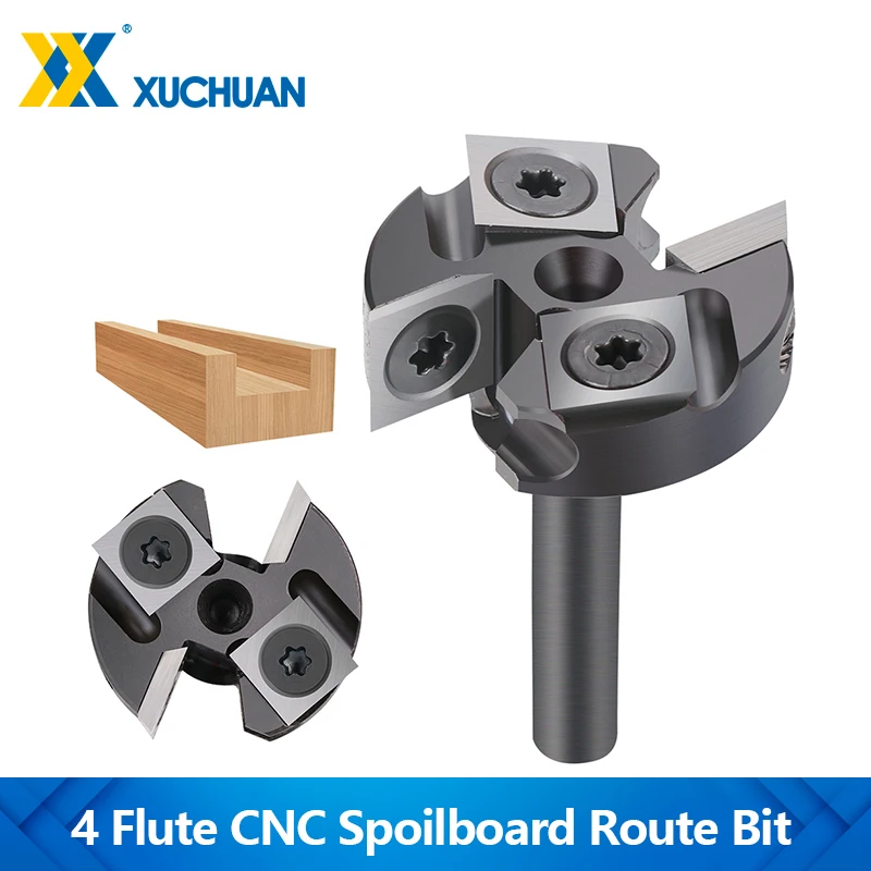 

XUCHUAN CNC Spoilboard Surfacing Route Bit 1/4 Shank 4 Flute Wood Planer Bit Carbide Insert Slab Face Mill for MDF Plywood