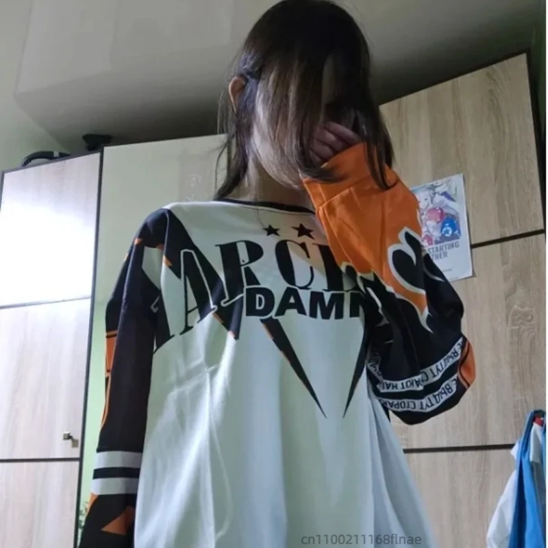 새로운 스트리트 댄스 의류, 아메리칸 레트로 긴팔 저지 티셔츠, 루즈한 스포츠 스트리트 힙합 스타일 라운드 넥 탑