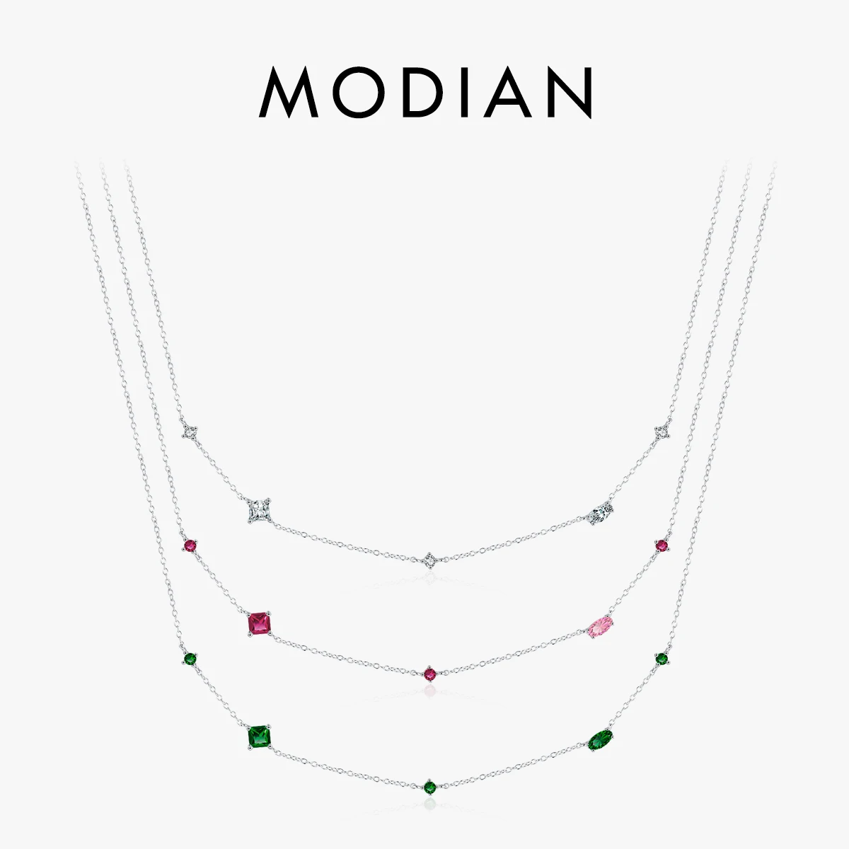 MODIAN 925 Sterling Silver Rainbow Colorful Zirconia Wisiorek Naszyjnik Błyszczący Geometryczny Łańcuch Szyja Dla Kobiet Biżuteria Imprezowa Prezent