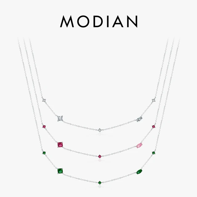 MODIAN 925 Sterling Silver Rainbow Colorful Zirconia Wisiorek Naszyjnik Błyszczący Geometryczny Łańcuch Szyja Dla Kobiet Biżuteria Imprezowa Prezent