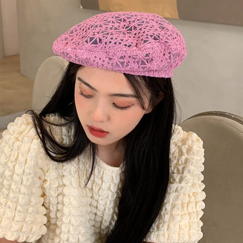 Multi Colored Summer Crochet Beret for Women Slouchy Breathable Lace Beret Hat Cutout Floral Beanie Cap Head Covering Cotton Hat