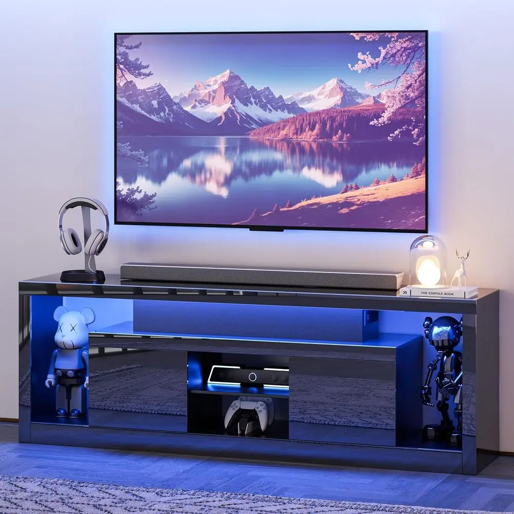 70-80 Inch TV Stand with LED Lighting, Glossy & Matte Finish, Storage, Built-in Power Strip, 24 Tall, All Black