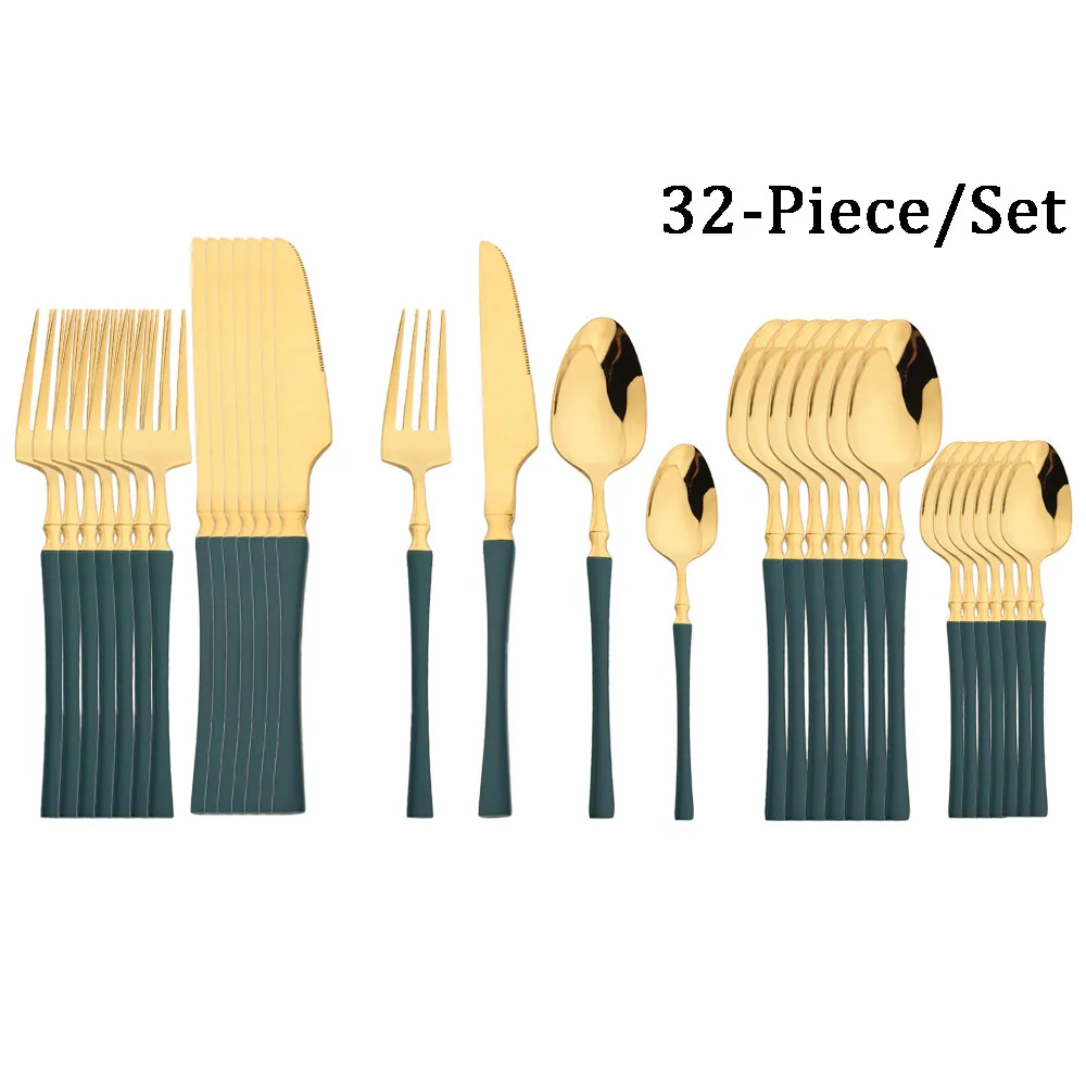 

32Pcs Bright Gold Green Handle Cutlery Set Stainless Steel Fork Knife Spoon Flatware Set Silverware Tableware Kitchen Dinnerware