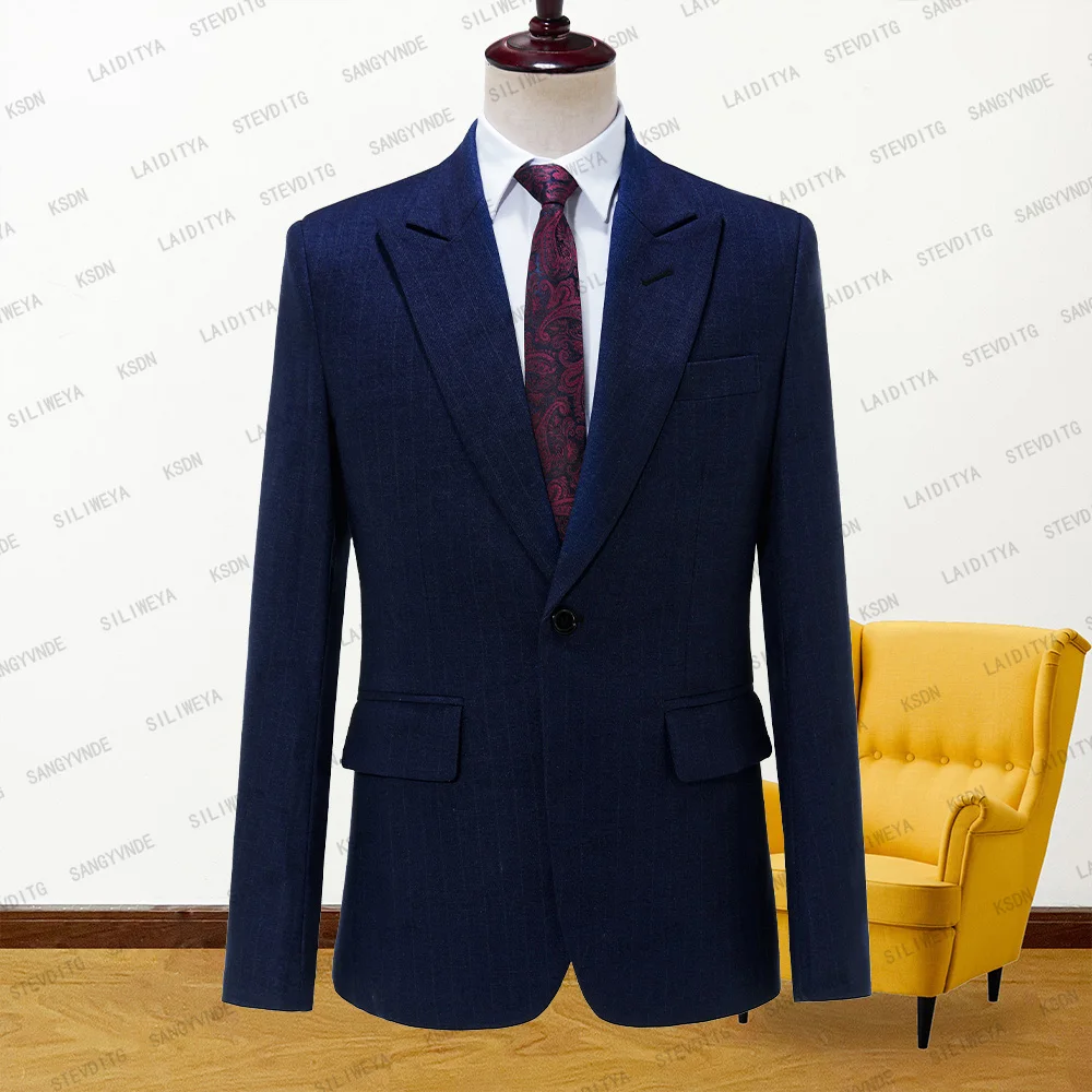 

2023 New Arrival Dark Blue Denim Stripe Peaked Lapel Groom Tuxedos Men Suits Wedding Jacket Terno Masculino Blazers Coat