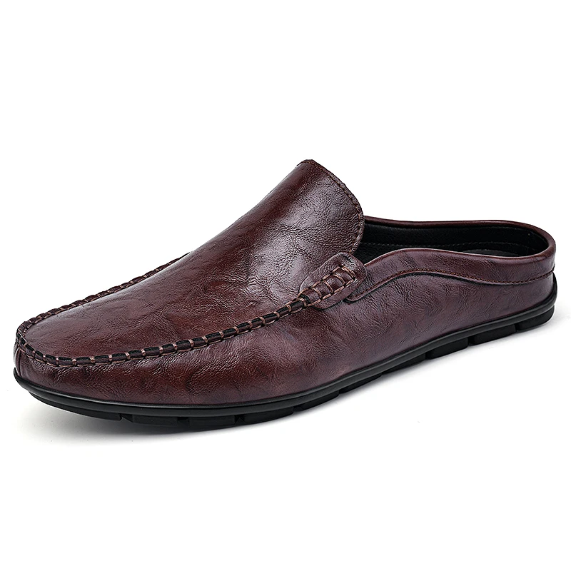 Summer Half Shoes For Men Leather Slippers Slip On Casual Shoes Loafers Flats Black Brown