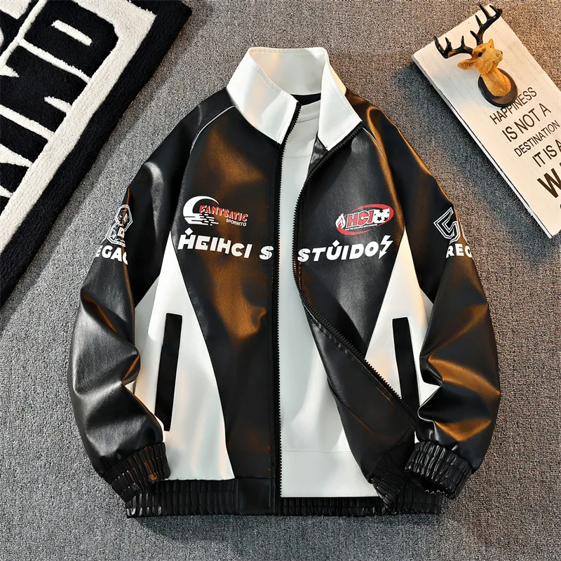 

Mens Leather Moto Jacket Stand Collar Edgy Racing Style Utility Work Coat Unisex Hong Kong Trend Ins Fashion for Spring Autumn