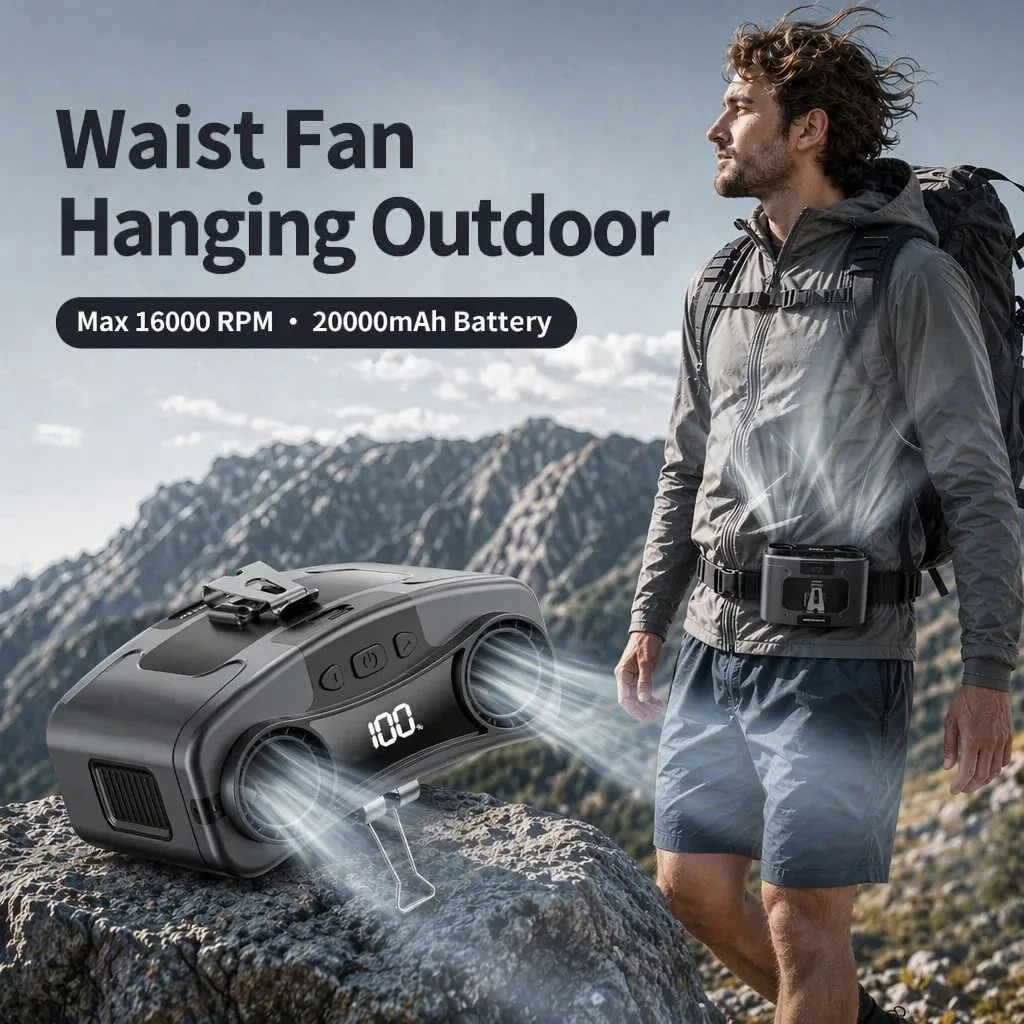 Socoolfan Waist Fan Hanging Outdoor Portable Neck Fan 5/10 Speed Strong Wind for Sports Courier Outdoor Working  10000/20000mAh