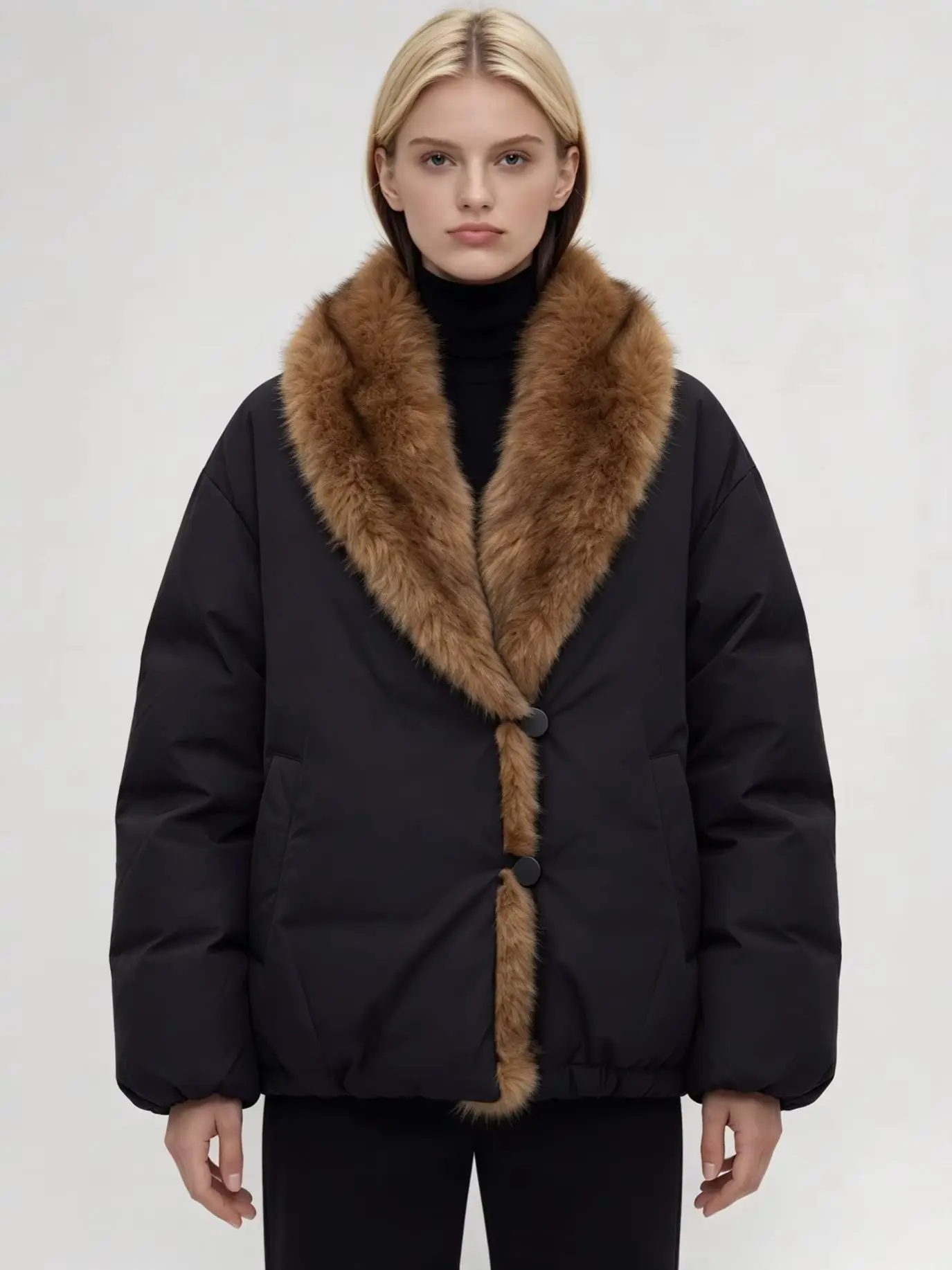LIMO 2026 Winter Women Short Padded Coat Faux Fur Collar Loose Long Sleeve Black Warm Jacket
