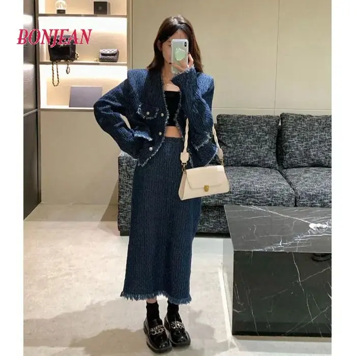 Demin Two Pieces Women Sets Chic Button Long Sleeve Jacket Skirt Tops + High Waist A-line Tassels Bodycon 2022 Set Fashion