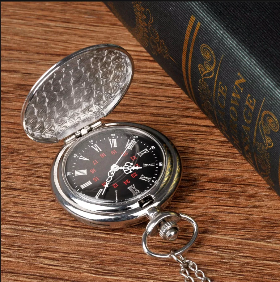 8814Smooth and bright fashion retro open pocket watch,black digital silver pocket watch with necklace pocket watch
