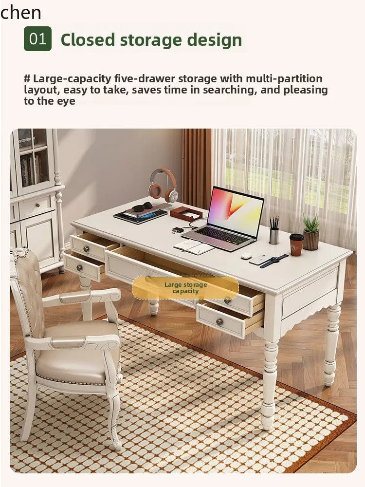 CZ White Solid Wood Log Desk Home Use with Drawer Computer Desk Bookshelf Combination Office Desk Study Room