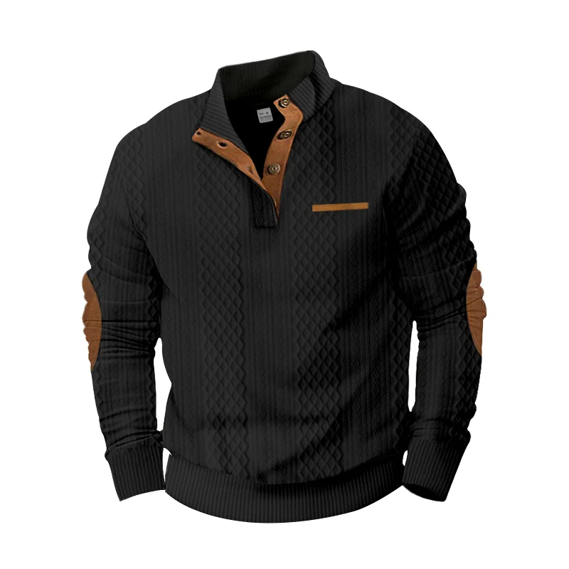 Imagen 4: Suéter de punto texturizado con cuello alto y botones para hombre 2026, top informal de manga larga con parches en los codos, multicolor