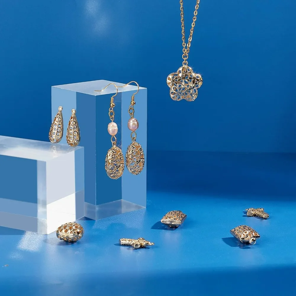 Подвески в виде клетки, 12 шт., 6 стилей, капля/прямоугольник/сердце/крест/овал/форма цветка, полые для ожерелья, ювелирных изделий, сделай сам, ремесло, изготовление золотых