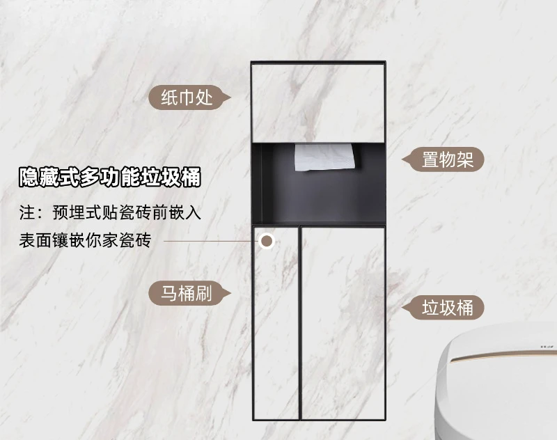 Hidden Bathroom Storage Combo Recessed Tissue Dispenser Waste Receptacle 304 Stainless Wall Niche with Door for Clean Look