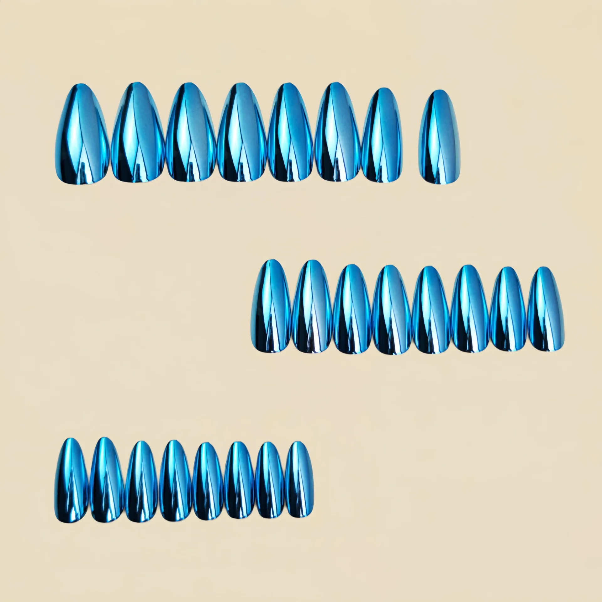 Medium fake nails for women  girls Holographic Plated champagne blue glossy almond nail tips full cover press on false nail art view 6