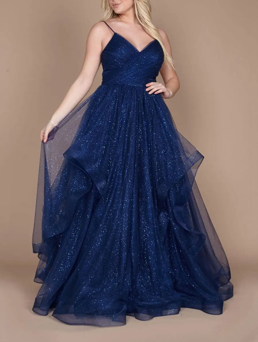 

Navy Blue Evening Dresses Black Sparkly Spaghetti Strap V Neck Ruffles Tulle Women Formal Prom Gowns Long Prom Party Dresses