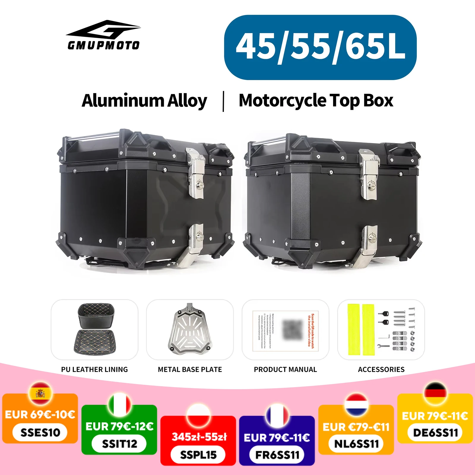 45L/55L/65L Wytrzymały aluminiowy kufer górny do motocykla, uniwersalny, wodoodporny, zamykany kufer tylny z zestawem montażowym