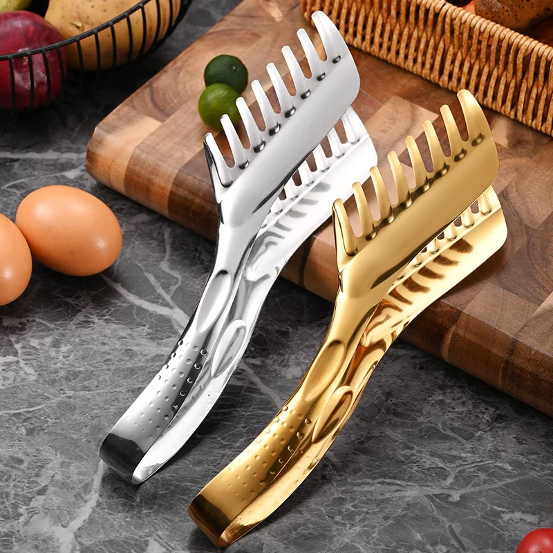 1PC Stainless Steel Food Tongs Comb Shaped Thickened Kitchen Utensils Buffet Cooking Tool Golden Stable Anti Heat Bread Clip