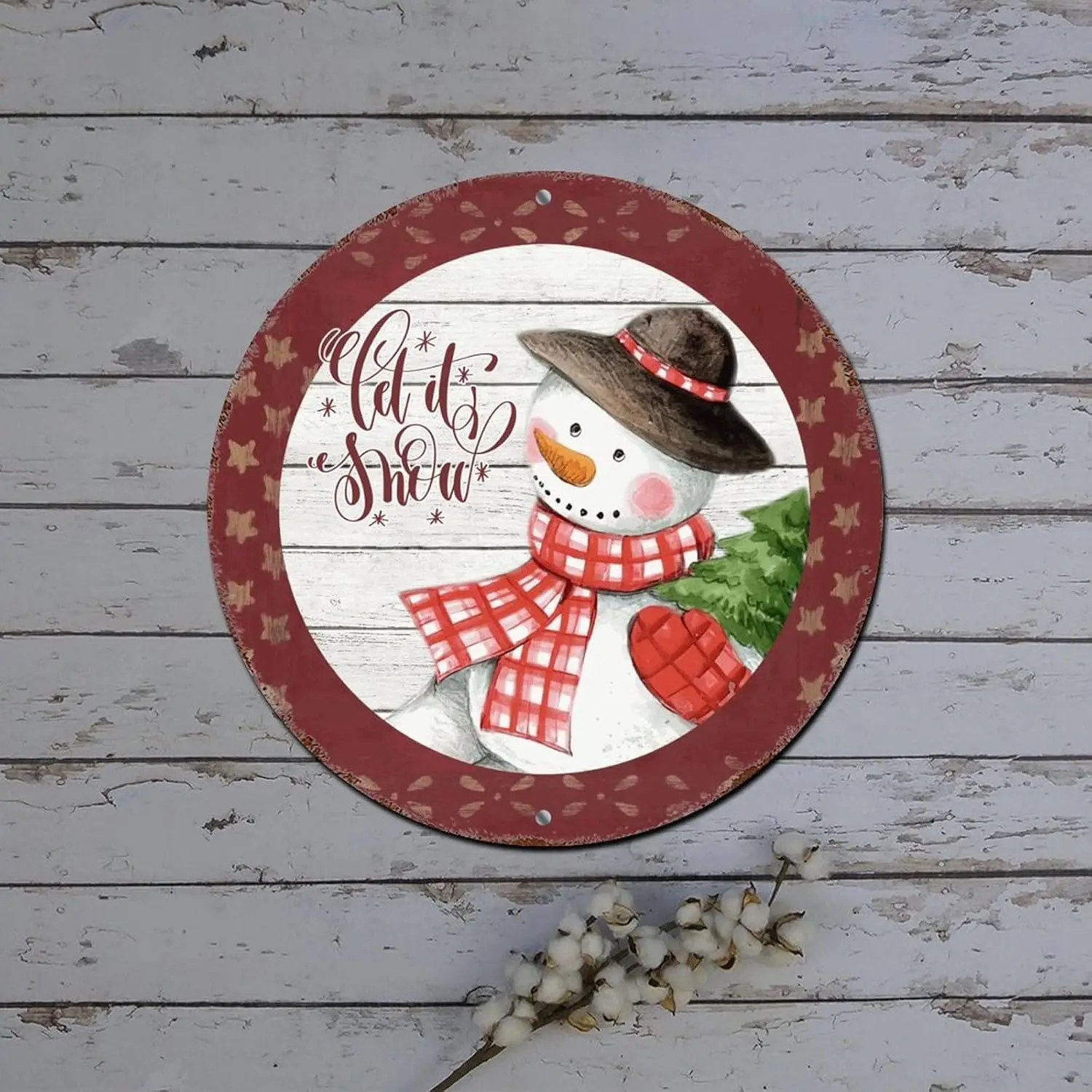 Merry Christmas Door Sign Let It Snow Snowman Star Wood Grain Round Metal Tin Sign Christmas Wall Decorations Vintage Aluminum S