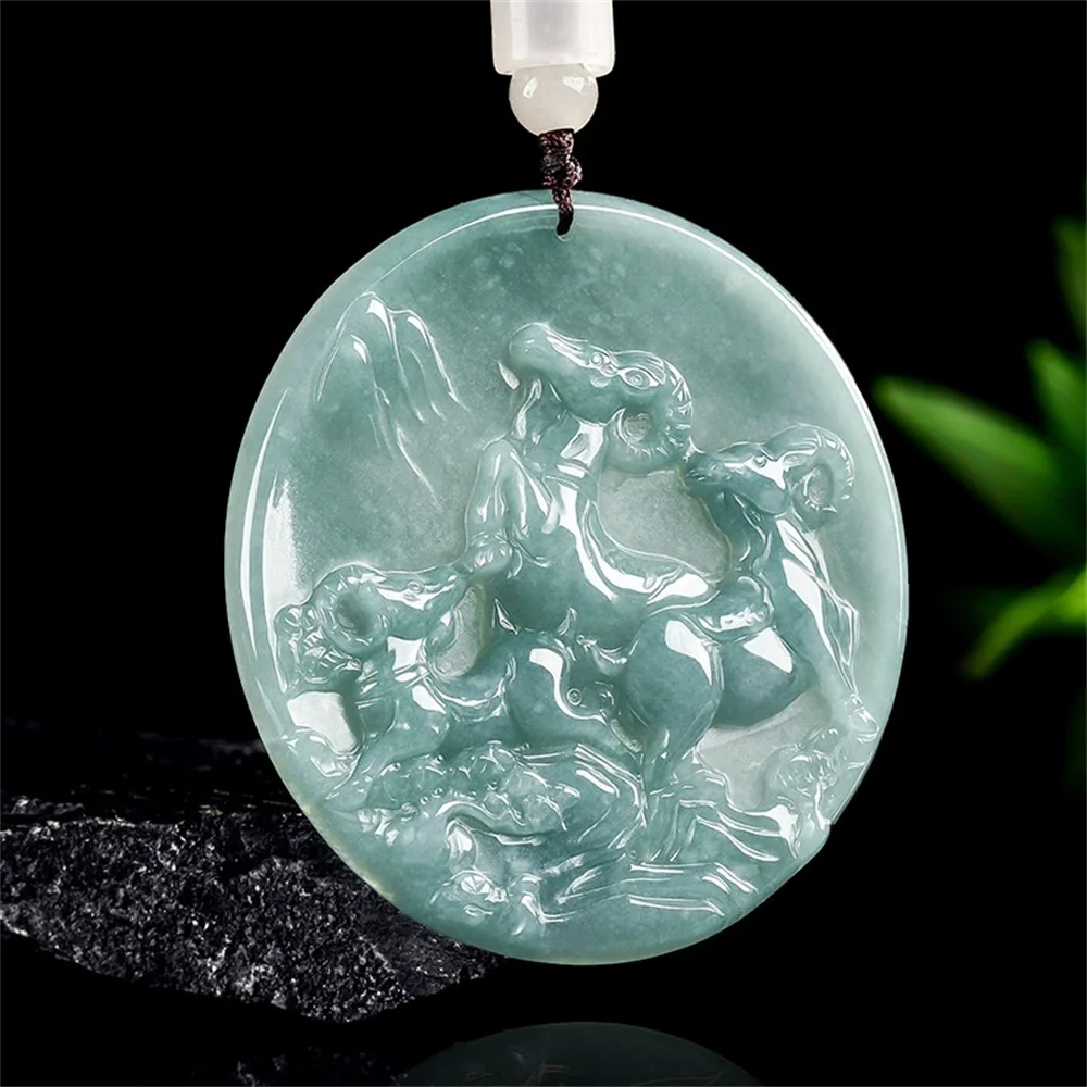 Natural Ice Green Jadeite Carved Chinese Three Sheep Lucky Pendant Amulet Necklace Certificate Luxury Jade Trendy Jewelry