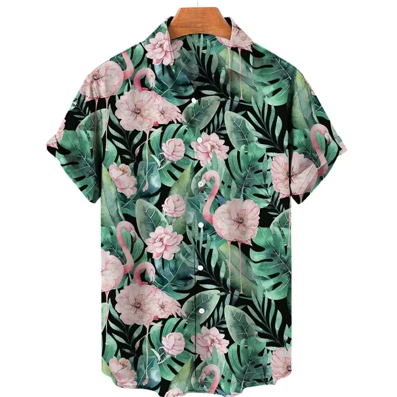 Men's Flamingo and Parrot Hawaiian Shirts 3D-Printed Beach-Themed Shirts Fashionable Short-Sleeve Collared Shirts Streetwear