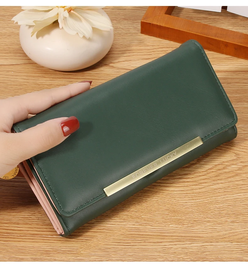 Damen Lange PU-Geldbörse 2-fach Faltbar Einfarbige Clutch mit Mehreren Kartenfächern Große Kapazität Reißverschluss-Geldbörse Koreanischer Stil Damen-Handgeldbörse – Detail 14