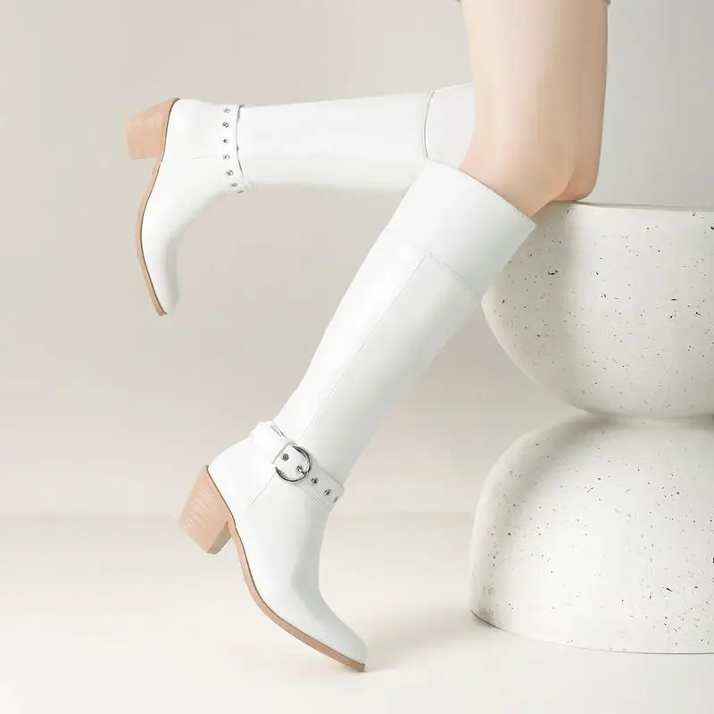 

SIMLOVEYO Brand New Slip On Women Knee High Boots Round Toe Brown Block Heels Belt Buckle Big Size Vintage Riding Bota Fashion