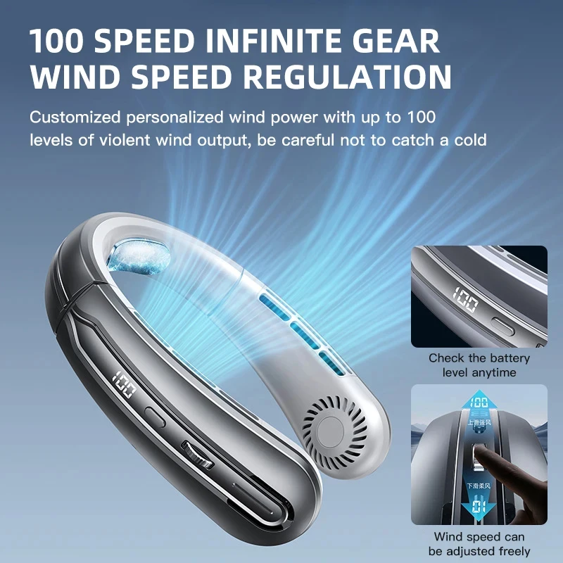 

3000mA Portable Mini Hanging Neck Fan Bladeless Neckband Fan Digital Display Power Air Cooler USB Rechargeable Electric Fans New