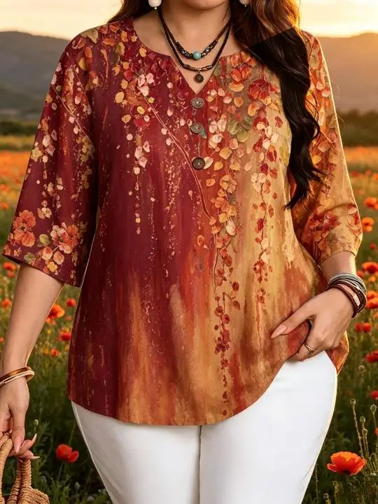 Plus Size Women 3/4 Sleeve V‑Neck Blouse Oil Painting Style Floral Sunflower Lotus Wildflower Print Button Decoration Loose Tops