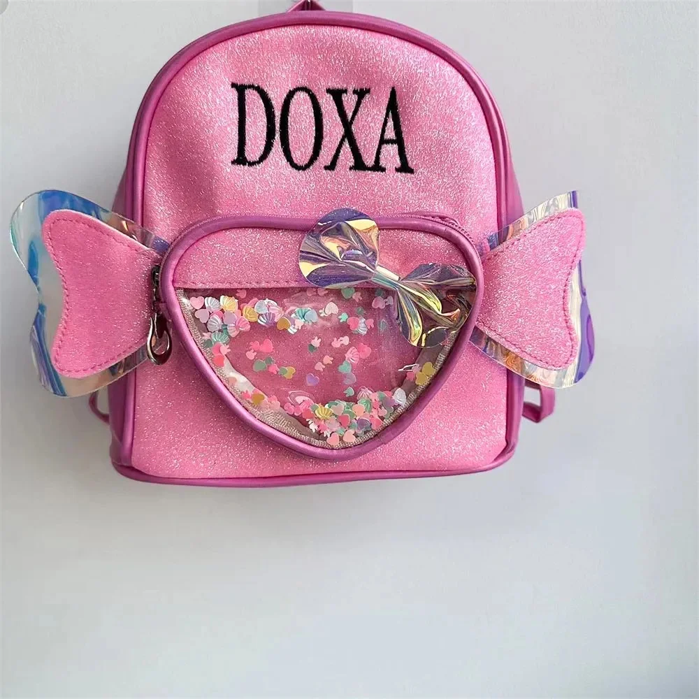 Jardim de Infância Mochila Transparente Lantejoula, Princesa Bow Schoolbag, Nome Bordado Personalizado, Bolsas Infantis, Personalizado, Amor, Novo