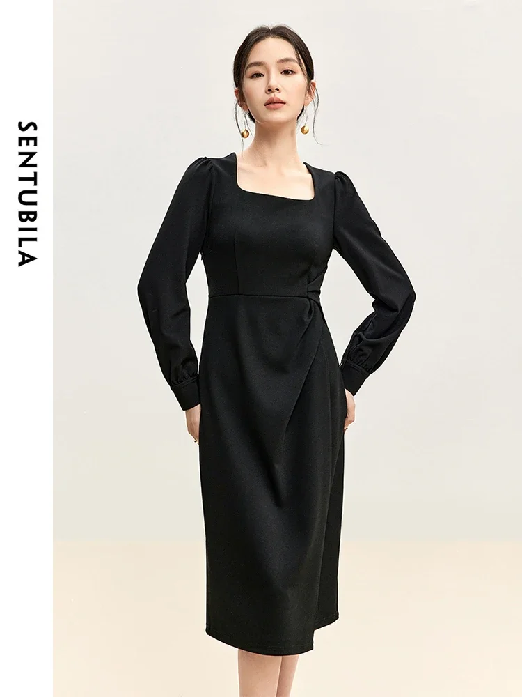 SENTUBILA Knitted Square Neck Black Dress  2024 Autumn A Line Retract Waist Long Sleeve Elegant Knee-length Dress 143L56674