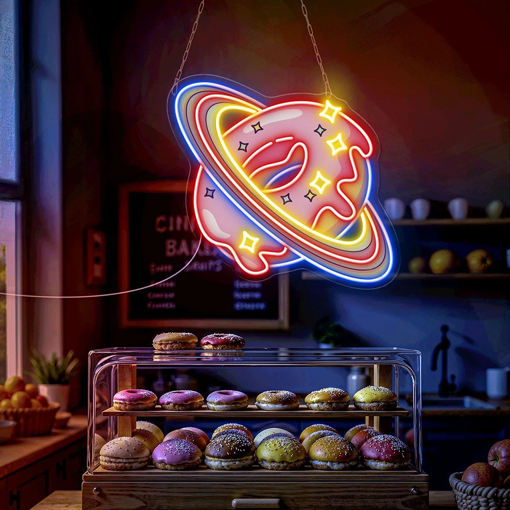 Donut Planet Neon Sign Sweet Food Bakery Shop Window Decor Open Light Sign Custom Kitchen Decoration Welcome LED Neon Light